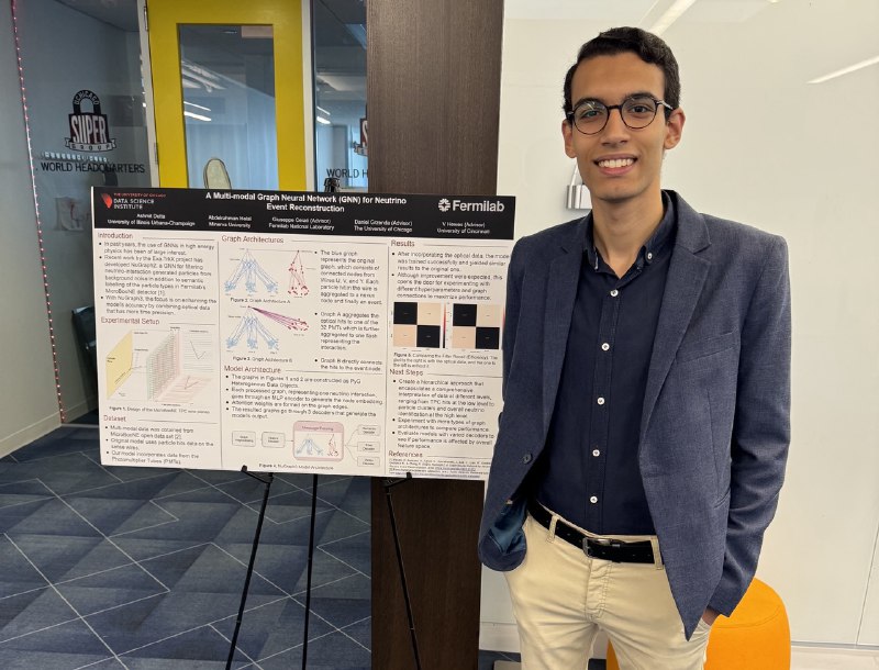 A student standing beside his university research poster on neural network event reconstruction